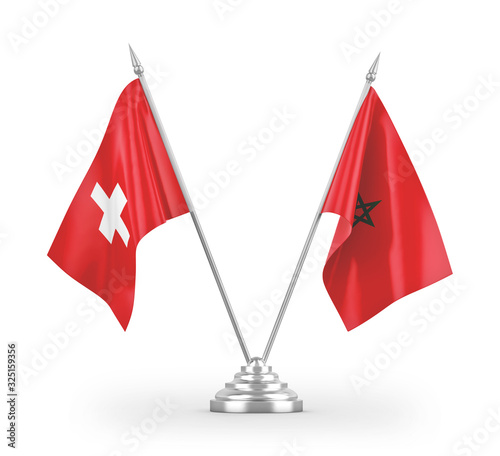 Morocco and Switzerland table flags isolated on white 3D rendering photo