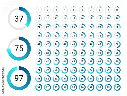 Percent loader. Round progress bar for upload and download application UI, circle indicator with countdown numbers. Vector wait status symbol set, circular graphic percentage process loading
