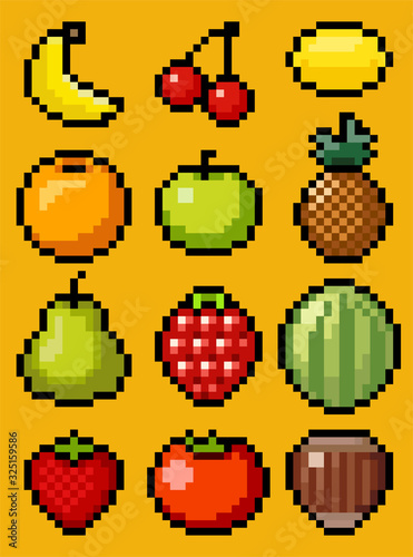 Vector pixel art fruit collection