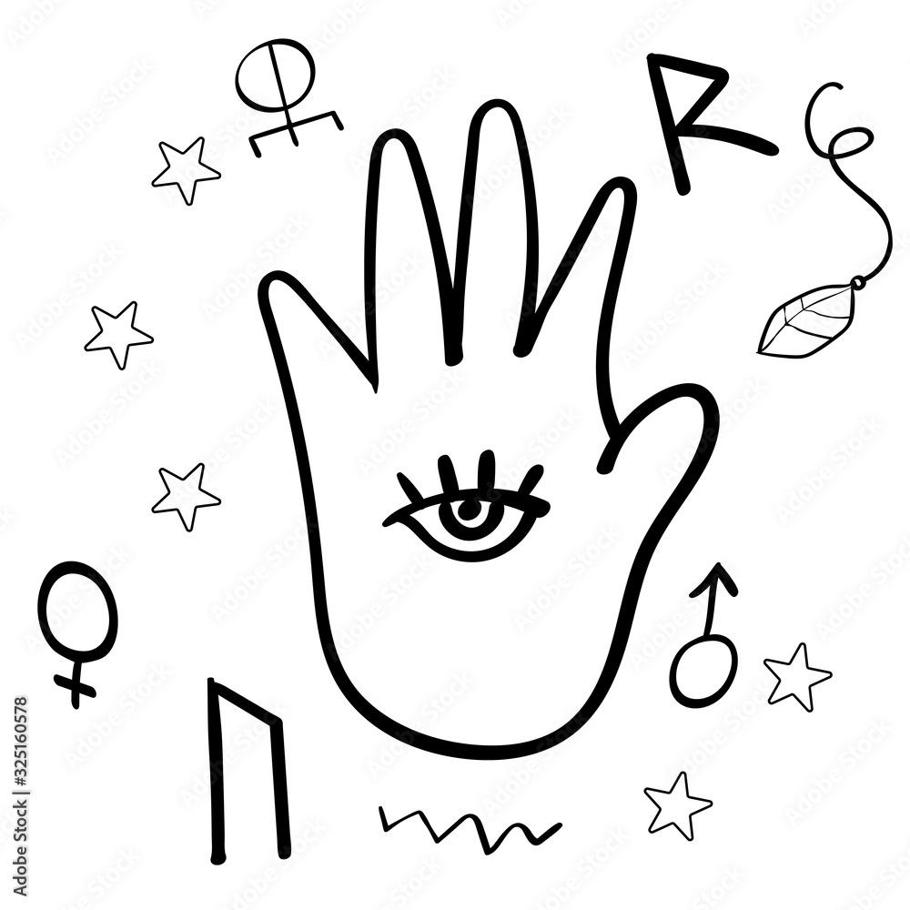 Vector illustration of open hand Mysticism. Vector illustration, illustration isolated. Coloring page, Coloring book. Vector illustration of open hand Mysticism. Vector illustration, illustration isolated. Coloring page, Coloring book.