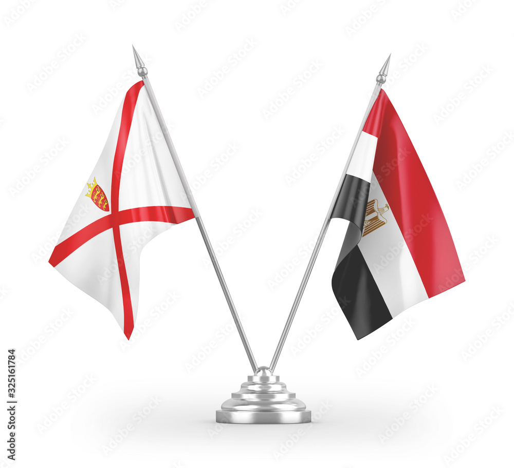 Egypt and Jersey table flags isolated on white 3D rendering Egypt and Jersey table flags isolated on white 3D rendering