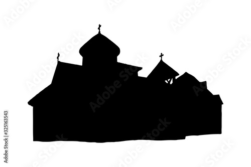 Christian monastery silhouette in Byzantine style on white background