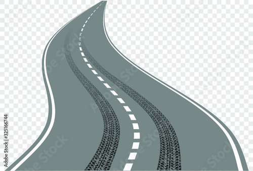 Winding road with tire tracks intersect with road markings.