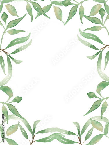 Watercolor hand painted greenery frame. Foliage wreath clipart. Green leaves. Spring floral. Wedding card. Easter.