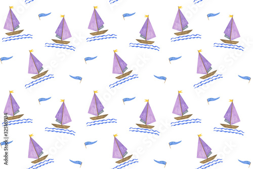 Violet yacht repeat pattern, hand drawn watercolor illustration, simple colorful ornament for children's design