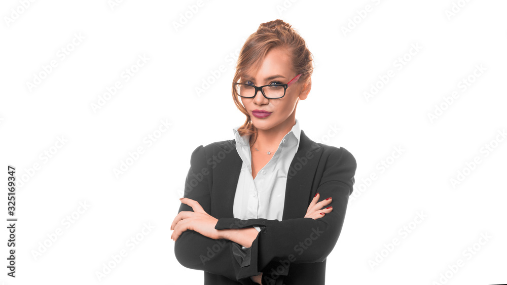 Beautiful confident businesswoman in glasses looking at camera posing isolated on white studio background. Beautiful confident businesswoman in glasses looking at camera posing isolated on white studio background.
