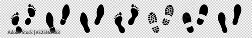 Flat linear design. Different human footprints. Black silhouettes isolated on white background. Vector illustration