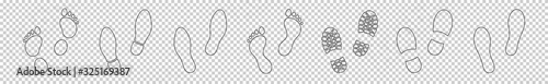 Flat linear design. Different human footprints. Black silhouettes isolated on white background. Vector illustration