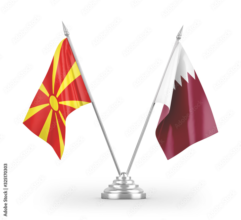 Qatar and North Macedonia table flags isolated on white 3D rendering