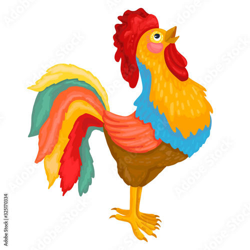 Colorful rooster crowing in the morning. Vector illustration