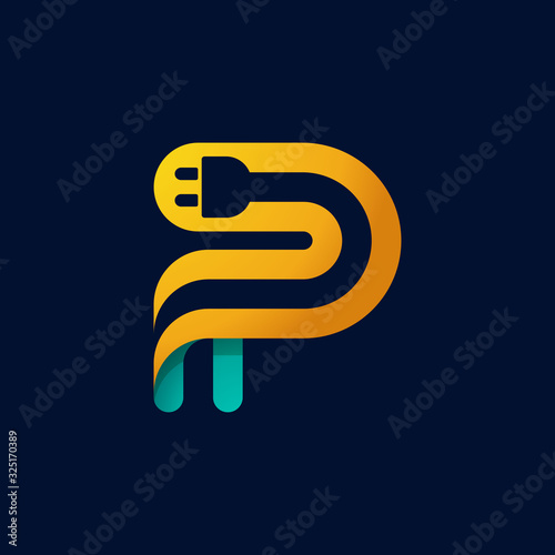 P letter logo with plug cable inside.