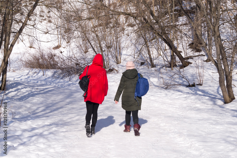 girls are walking on a winter road in a park