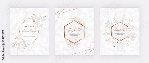 Cover marble cards with golden geometric polygonal lines frames and gold leaves. Decorative lines borders. Template for wedding invitation, blog posts, banner, card, save the date, poster, flyer