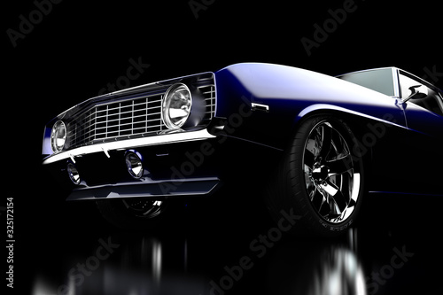 3D illustration. Muscle blue car rendering isolated on black background. Vintage classic sport car. Car show. Wheels.