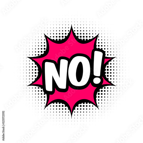NO comic style message in red speech bubble. Pop art balloon on halftone background. White background, cartoon text. No sticker for banner, web, poster. Vector illustration, flat style, clip art. 