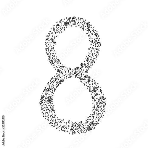 Hand drawn floral elements in the shape of number eight on white background. Vector illustration in doodle style. Good for design Women's Day card, t-shirt design, fabric print, decoration.