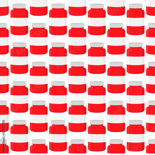 Illustration on theme big colored set different types of pills inside close jar