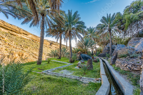 Al Misfat al Abriyyin in the Hajar Mountains, Oman. - Date palm tree oasis and water spring at Misfah al Abriyeen village. Sultanate of Oman photo