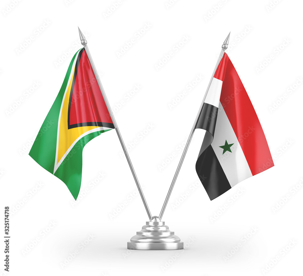 Syria and Guyana table flags isolated on white 3D rendering