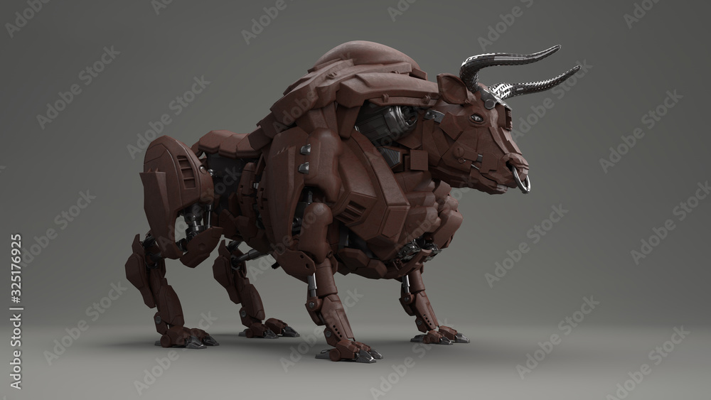 Obraz premium 3D composite illustration of a Bull made of aluminum black galvanised and brown metal material. Sculpture. 3D rendering. Art
