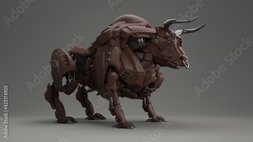 3D composite illustration of a Bull made of aluminum black galvanised and brown metal material. Sculpture. 3D rendering. Art © Aneek