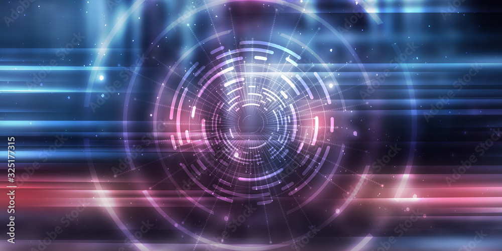 Dark tech abstract background with neon glow. Cyber circle laser figure on abstract background Dark tech abstract background with neon glow. Cyber circle laser figure on abstract background