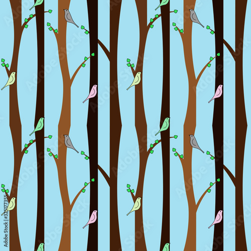Spring seamless pattern with birds, leves and  trees.