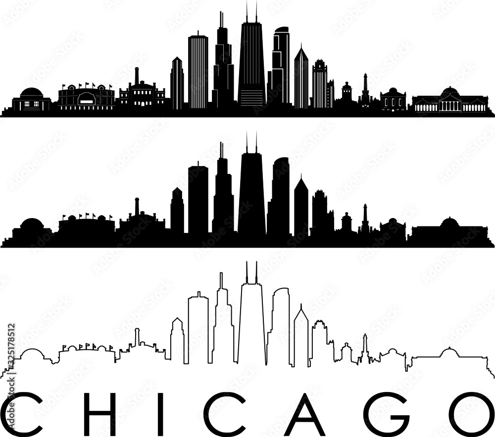 Obraz premium Chicago City Skyline Cityscape Outline Silhouette Vector