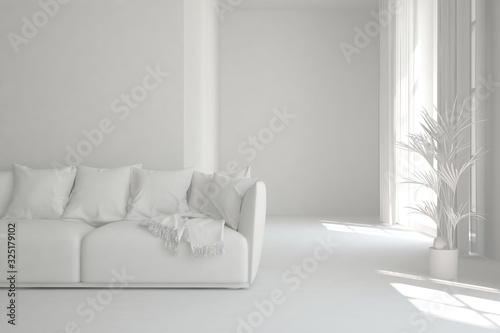 Mock up of minimalist living room in white color with sofa. Scandinavian interior design. 3D illustration