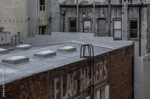 Abandoned buildings rooftops, windows and facades nobody