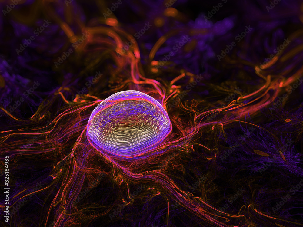 3D illustration - microscopic cells, cellular view intertwined strings ...