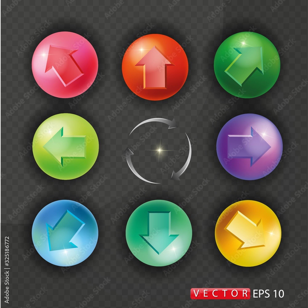 Arrow sign icon set. Simple circle shape internet button on gray background. Contemporary modern style. This vector illustration web design elements. EPS 10. Arrow sign icon set. Simple circle shape internet button on gray background. Contemporary modern style. This vector illustration web design elements. EPS 10.