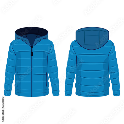 Light blue winter down zipped jacket with hood isolated vector on the white background