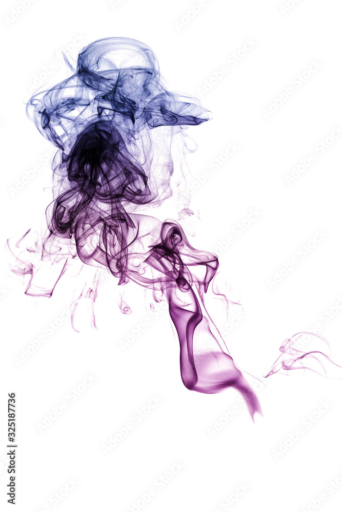 Abstract purple and blue smoke wave and swirl patterns close up isolated on white background Abstract purple and blue smoke wave and swirl patterns close up isolated on white background