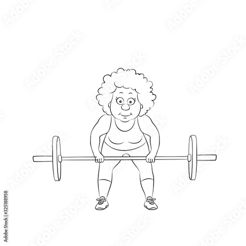 Female weightlifter vector illustration, linear silhouette on a white background. Old woman lifting weights, doing sit ups with barbell cartoon character.