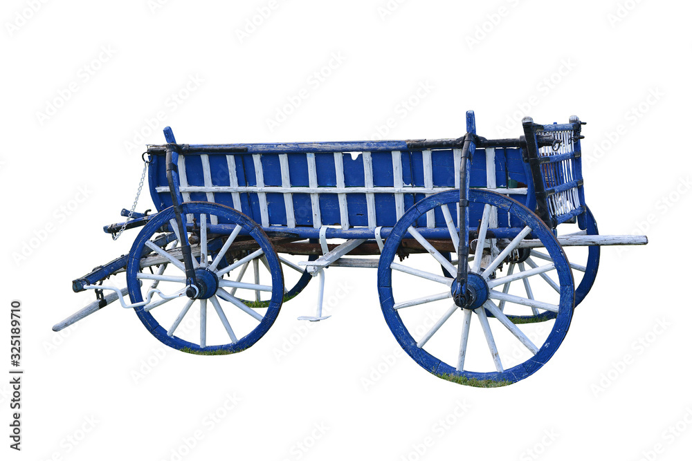 Bright freshly painted old wooden cart isolated on white