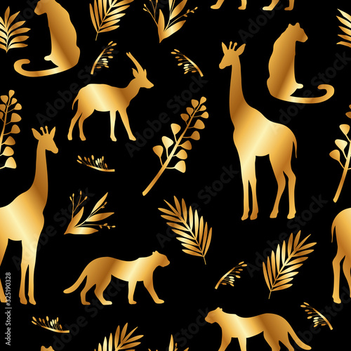 Vector safari seamless pattern with golden silhouettes of African mammals and exotic plants on black. Flora and fauna background with glittering outlines of animals and leaves. For foliage, textile
