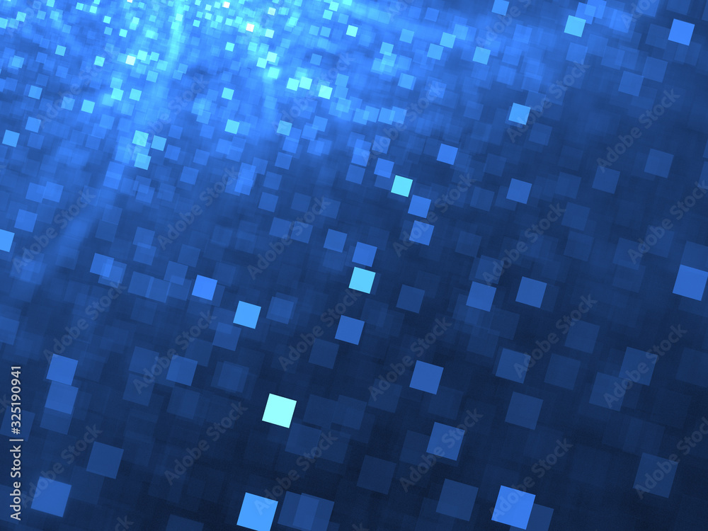 Abstract Digital Illustration - Cloud of Glowing Blue Pixels, Soft Random Square Patterns, Artistic modern subtle design. Clusters of pixels arranged randomly in space, computer digital artwork.