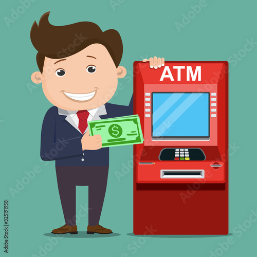 Business man with ATM teller machine. Financial transactions using ATM