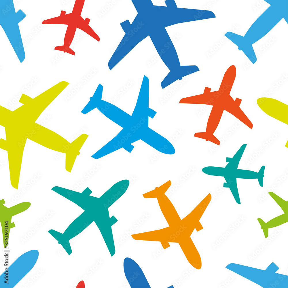 Multicolored bright airplanes isolated on a white background. Seamless pattern. Color vector graphic drawing. Texture.