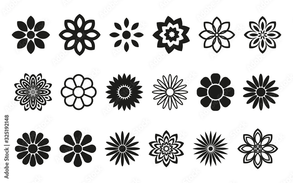 Set of flower icons. Black silhouette. Vector graphic drawing. Isolated ...
