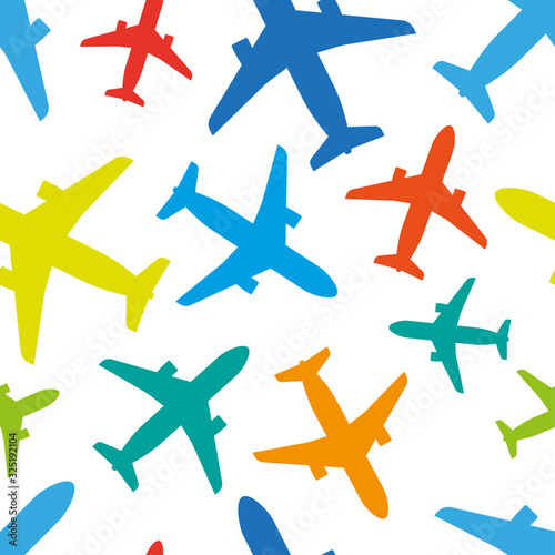Multicolored bright airplanes isolated on a white background. Seamless pattern. Color vector graphic drawing. Texture.