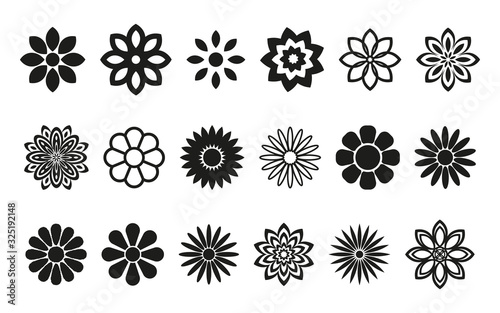 Set of flower icons. Black silhouette. Vector graphic drawing. Isolated object on a white background. Isolate.