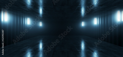 Sci Fi Neon Laser Lines Glowing Sci Fi Futuristic Cyber Blue Vibrant Virtual Spaceship Tunnel Corridor Dark Night Showroom Hallway Garage Underground 3D Rendering
