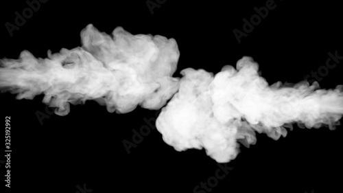 White water vapor steam on a black background. Realistic dry smoke clouds fog overlay. Simply drop it in and change its blending mode to screen or add.