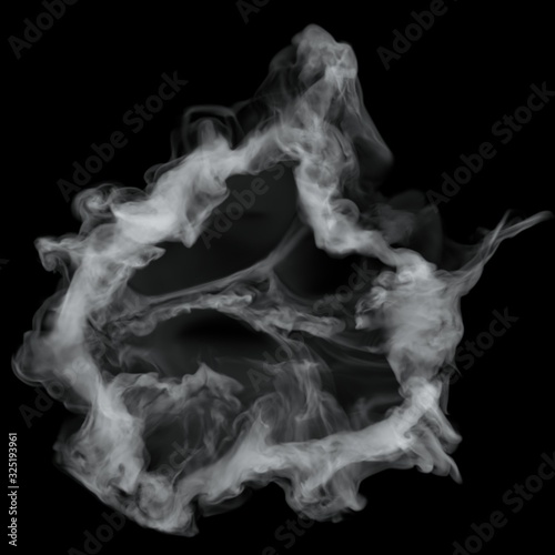 White cloud burst texture isolated on black background. Steam explosion special effect. Realistic thick smoke Puff.