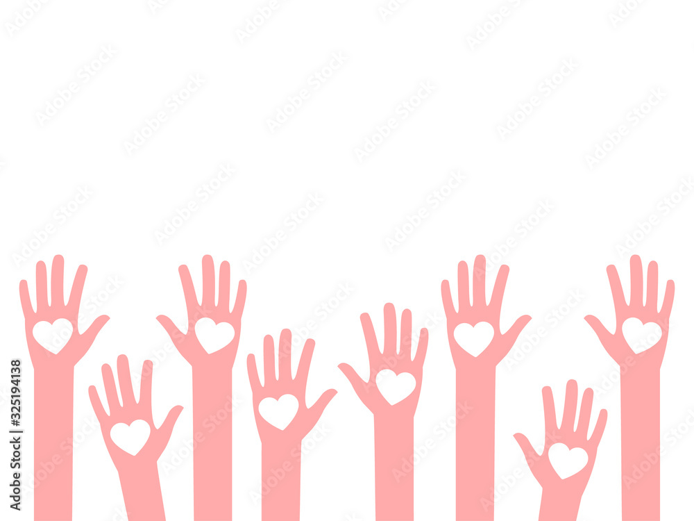 Group of hands with hearts raised to the sky, multi colored hands open up to the top. Volunteering hands, modern flat vector illustration. Group of hands with hearts raised to the sky, multi colored hands open up to the top. Volunteering hands, modern flat vector illustration.