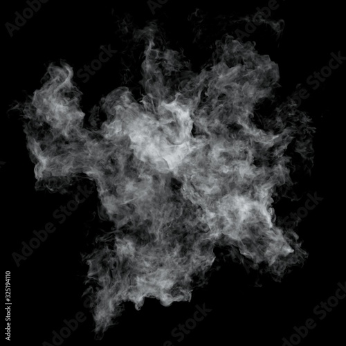 White cloud burst texture isolated on black background. Steam explosion special effect. Realistic thick smoke Puff.