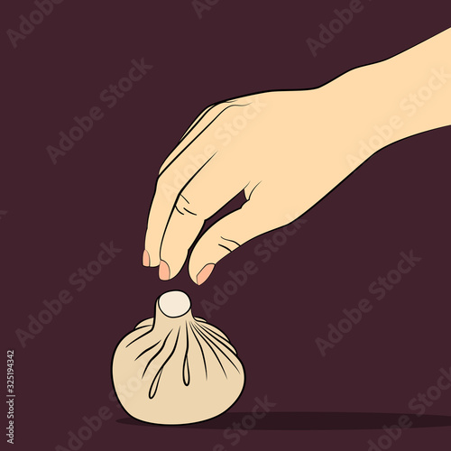 Hand takes manti. How to eat manti. Traditional, national food. Georgia. Isolated. Vector illustration.