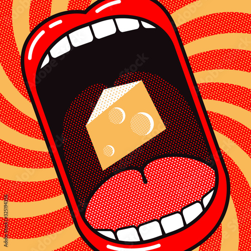 Love to eat cheese! Funny cartoon poster. Large open mouth with piece of cheese on a dynamic background with rotation.